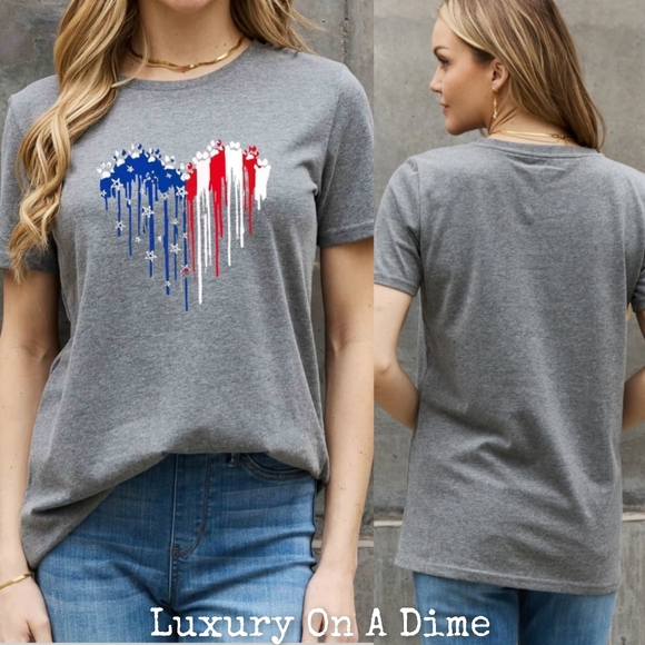 100% Cotton Paw-Print US American Flag Heart Graphic Short-sleeve Tee Shirt - Picture 2 of 8